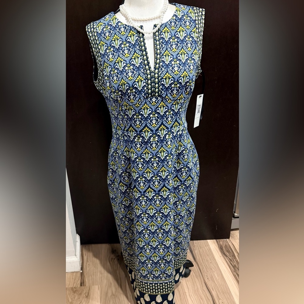 Maggy London Blue and Yellow Geometric Midi Dress
